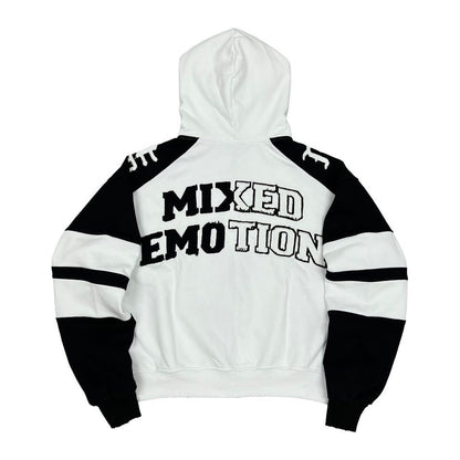 mixed emotion varsity zip hoodie white black