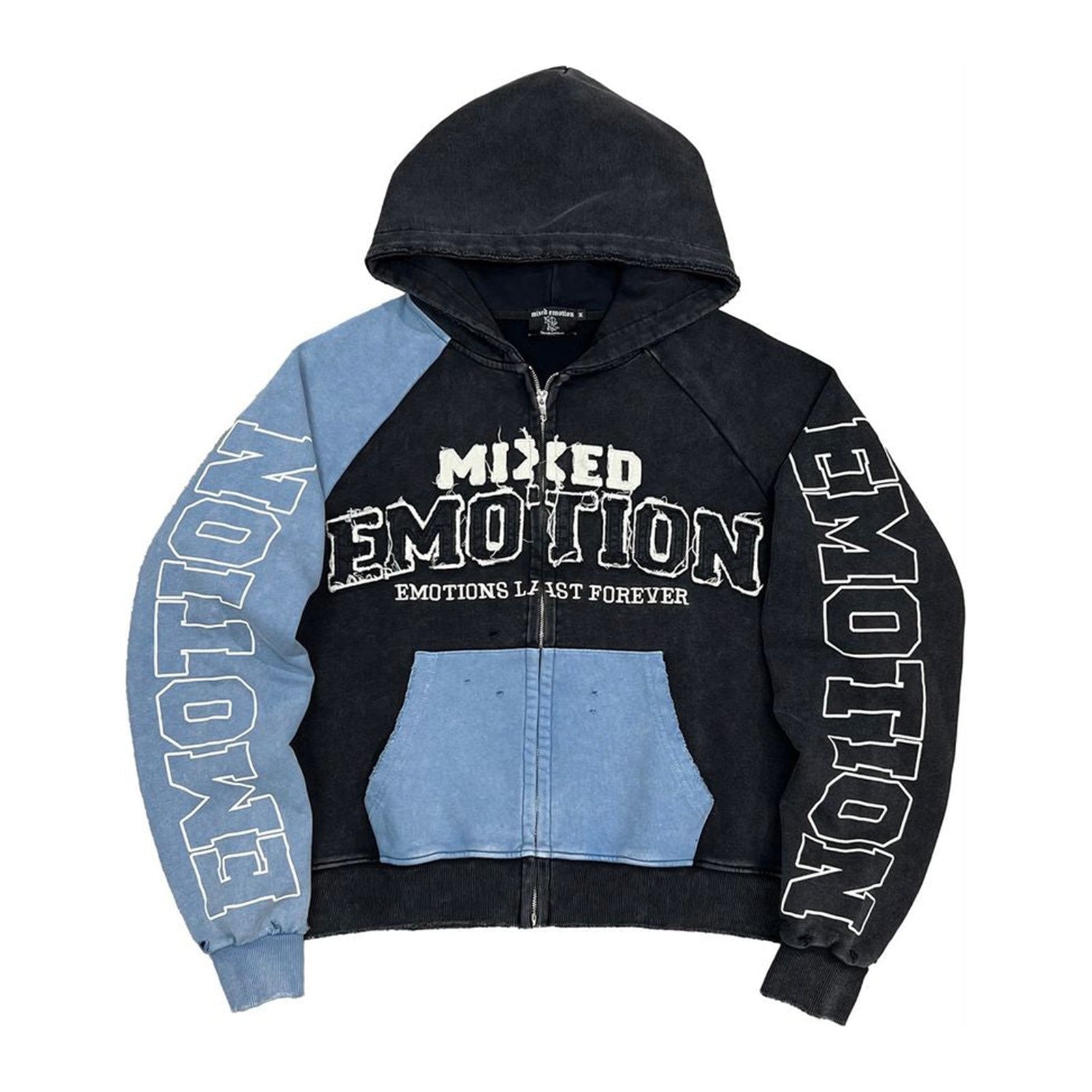 mixed emotion split decision zip hoodie black blue