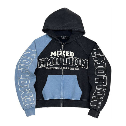 mixed emotion split decision zip hoodie black blue