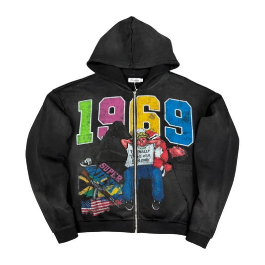 Prestige "War Has Ended" Zip-Up Hoodie — Black Wash