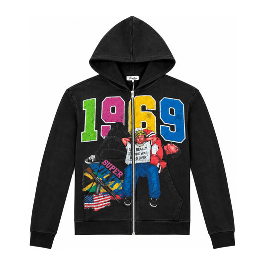 Prestige "War Has Ended" Zip-Up Hoodie — Black Wash
