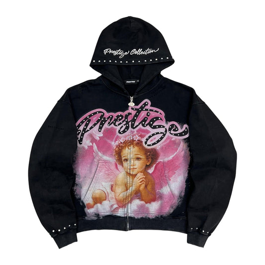 Prestige "Angel" Zip-Up Hoodie — Black & Pink