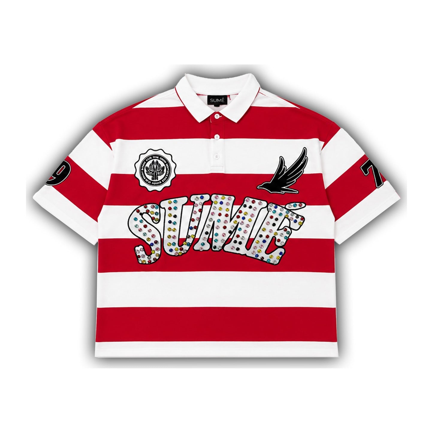 Sume Rhinestone Rugby Polo — Red/White Stripe