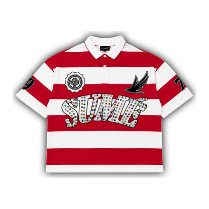 Sume Rhinestone Rugby Polo — Red/White Stripe