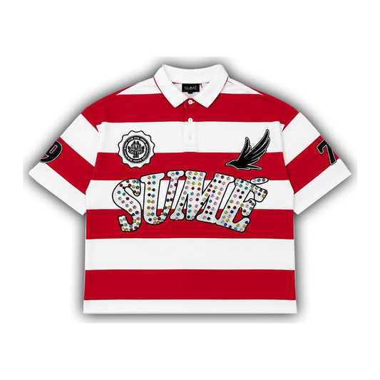 Sume Rhinestone Rugby Polo — Red/White Stripe