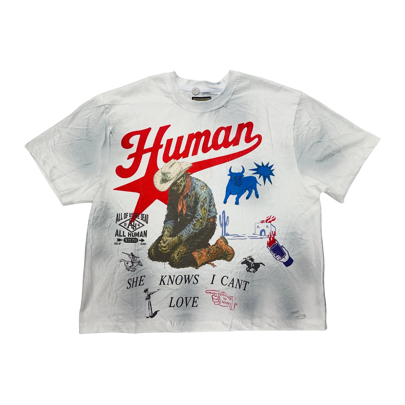all human cowboy bull white wash tee