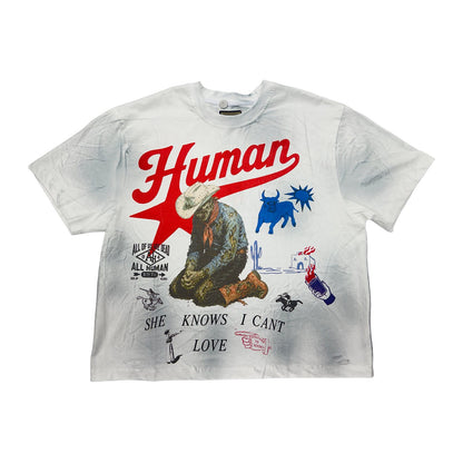 all human cowboy bull white wash tee