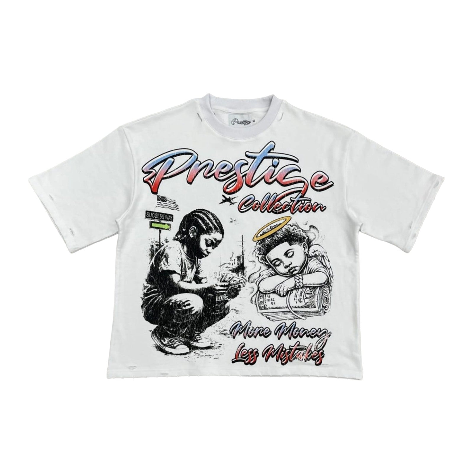prestige more money less mistakes tee white