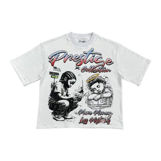 prestige more money less mistakes tee white