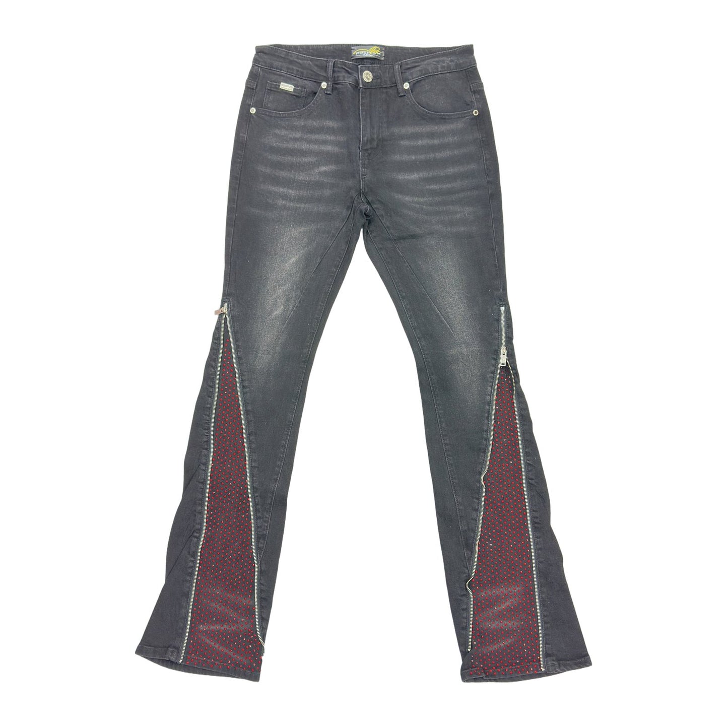 Premium Milana Zip-Flare Jean — Black with Red Rhinestone