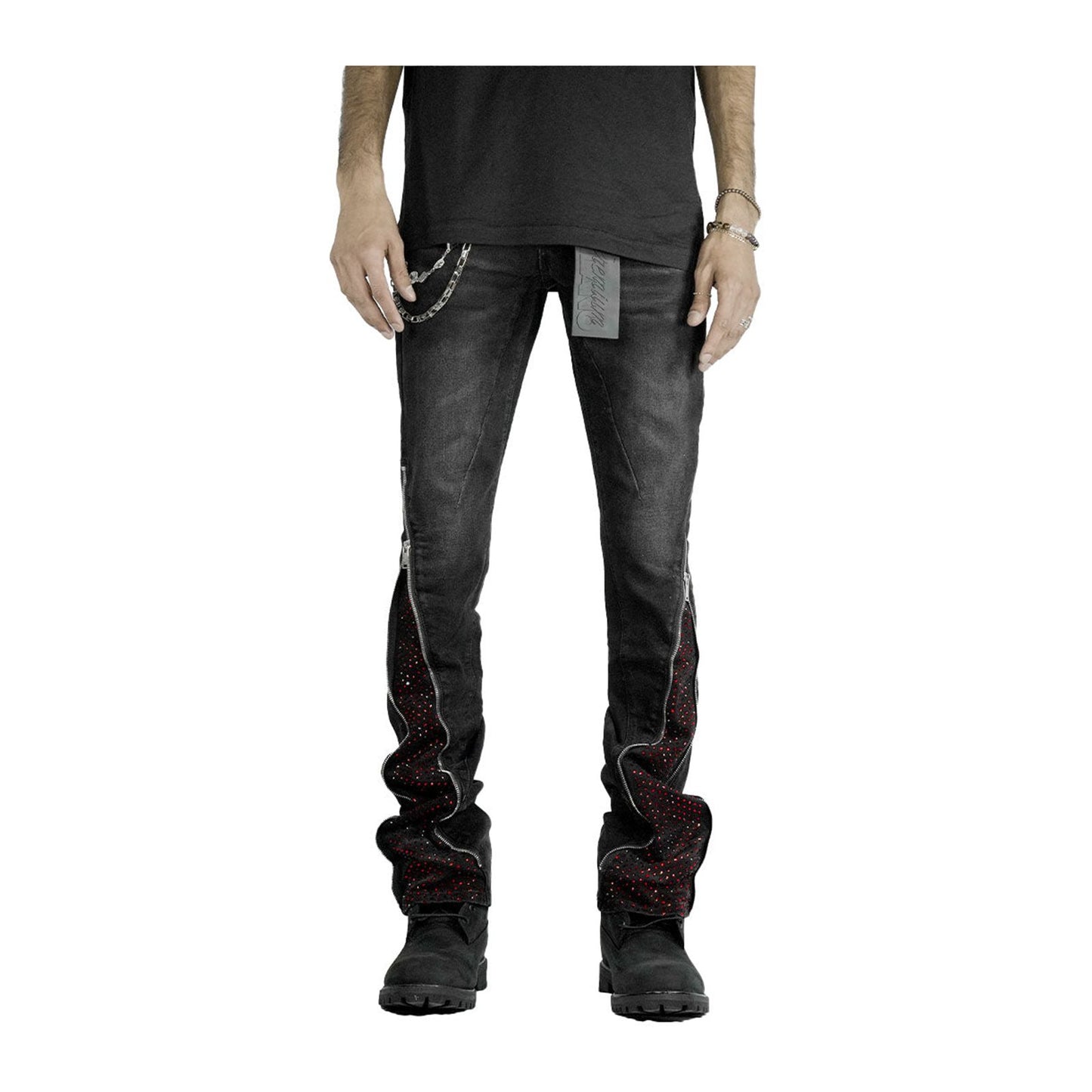 Premium Milana Zip-Flare Jean — Black with Red Rhinestone
