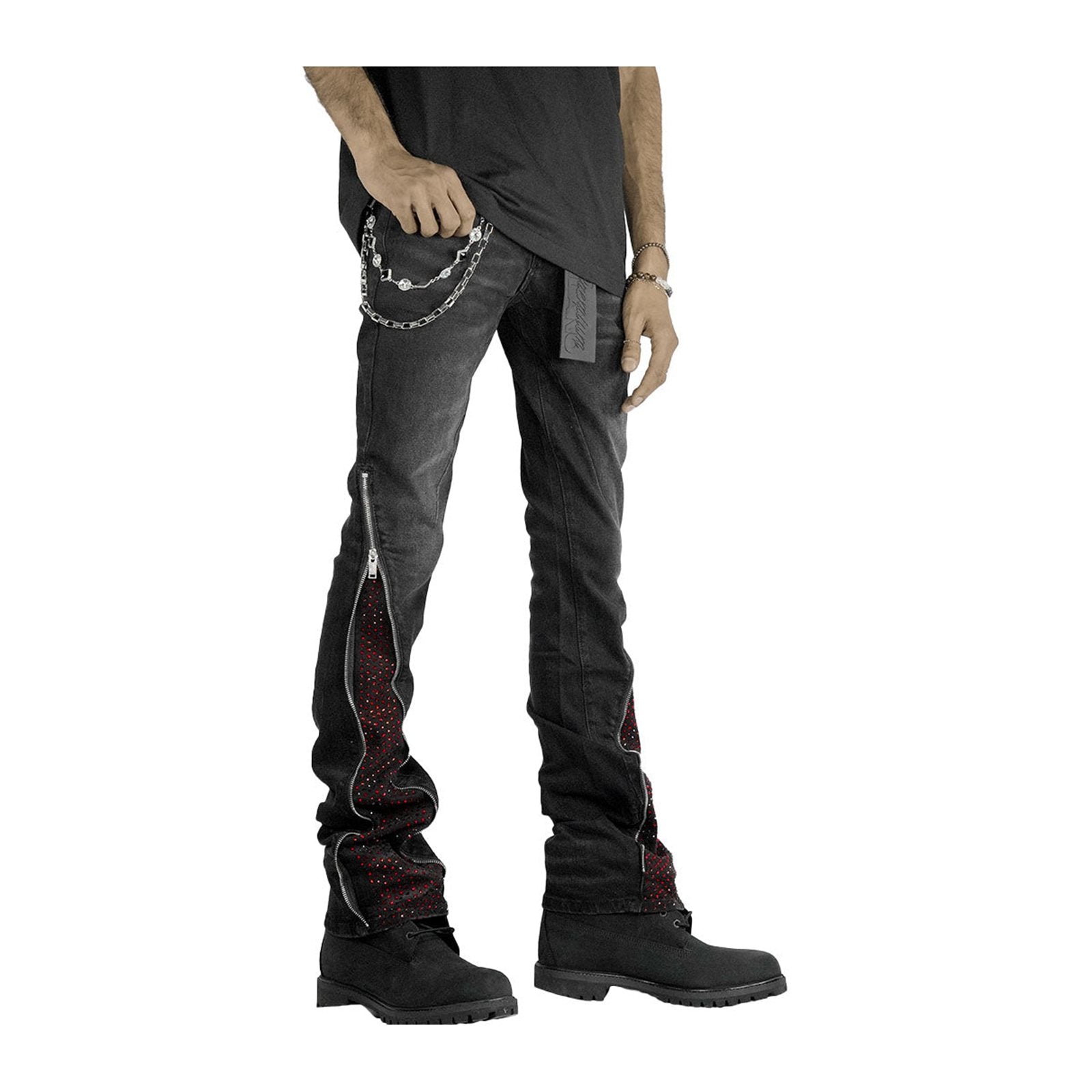 Premium Milana Zip-Flare Jean — Black with Red Rhinestone