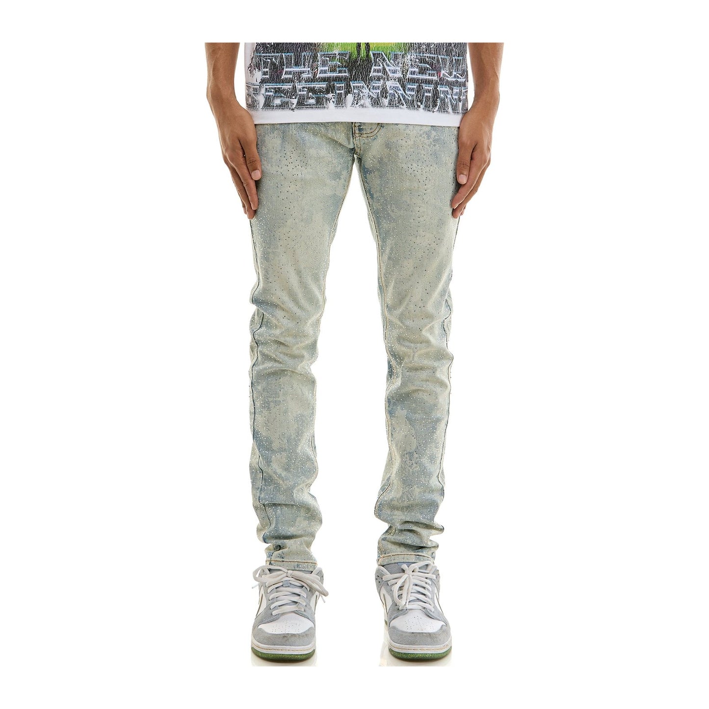 KDNK Frost Rhinestone Skinny Jean — Light Blue