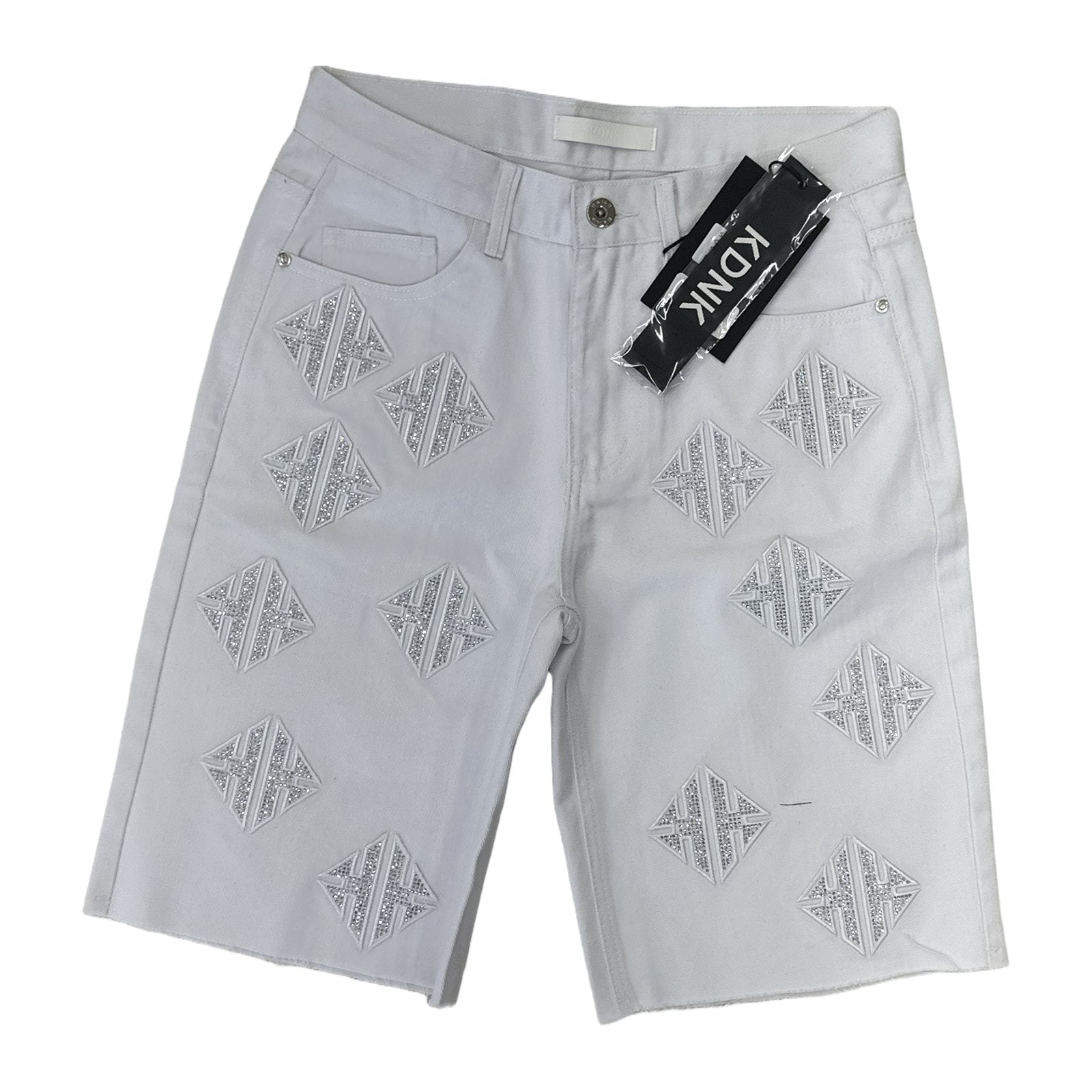 KDNK Rhinestone Diamond Denim Short — White