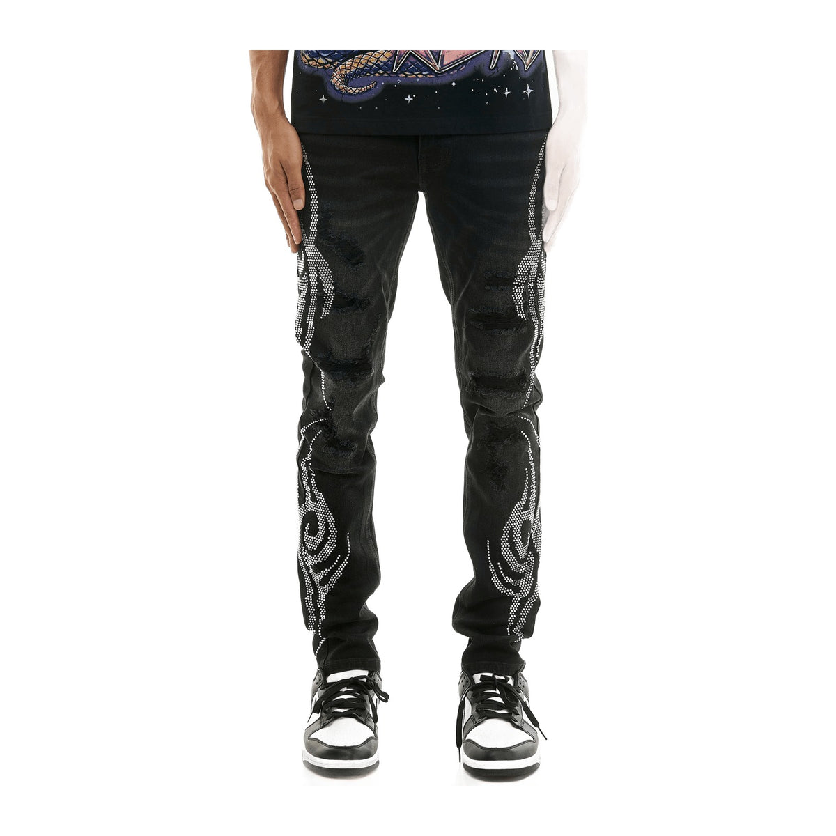 KDNK Tribal Rhinestone Skinny Jean — Black