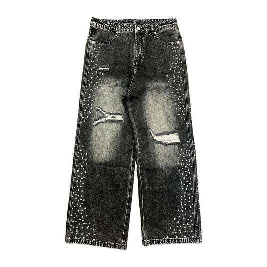 Mixed Emotion Rhinestone Jean — Marbled Black