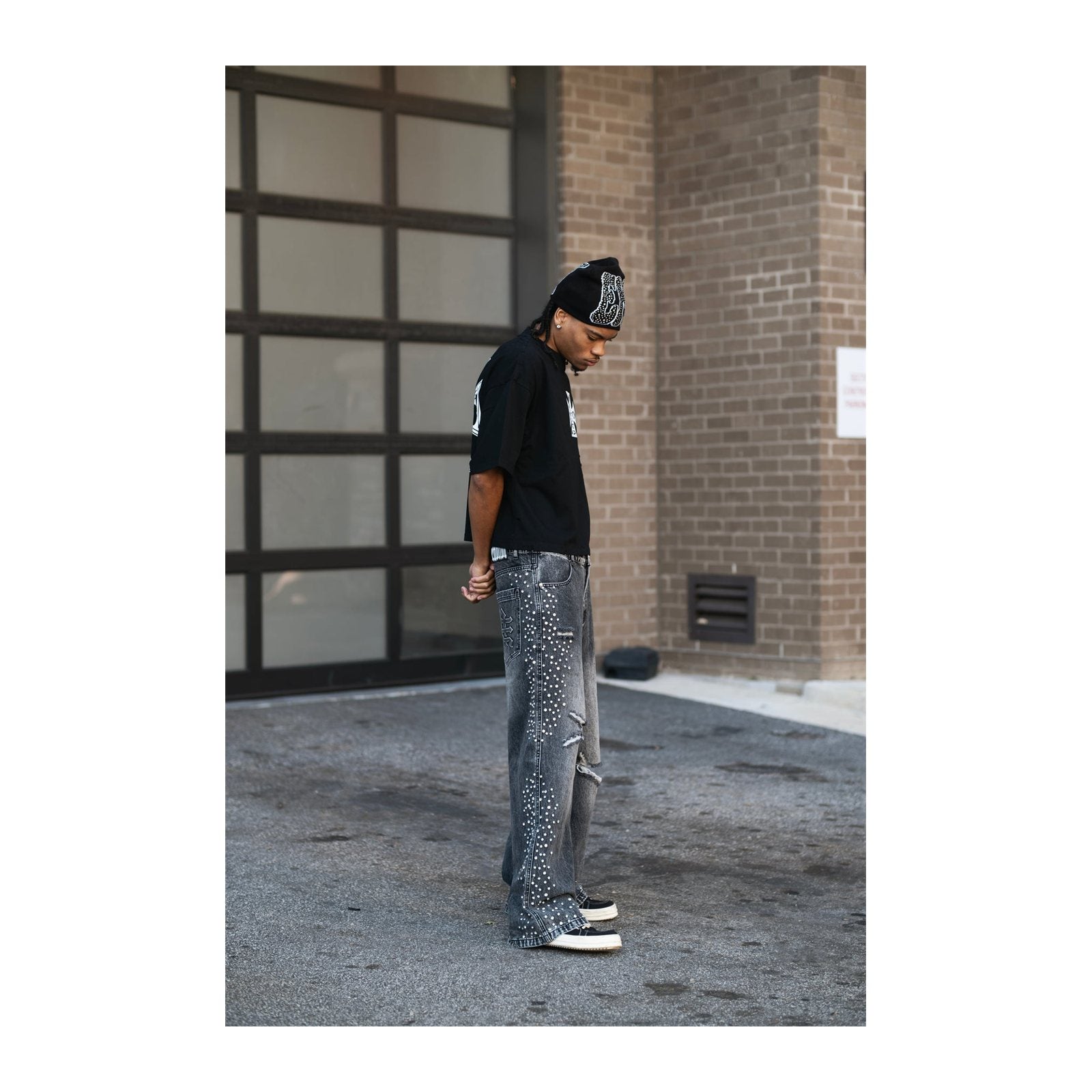 Mixed Emotion Rhinestone Jean — Marbled Black
