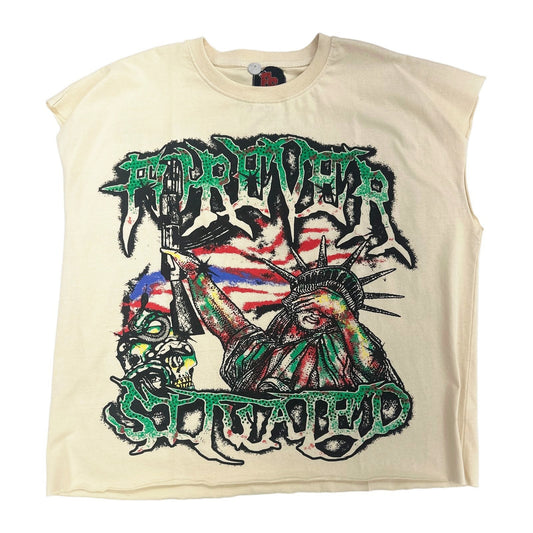 Forever Situated "Stars Stripes No Limits" Cut-Off Tee — Beige