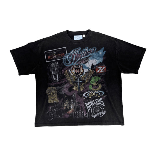 Howlers Club Patchwork Graphic Tee — Black Wash