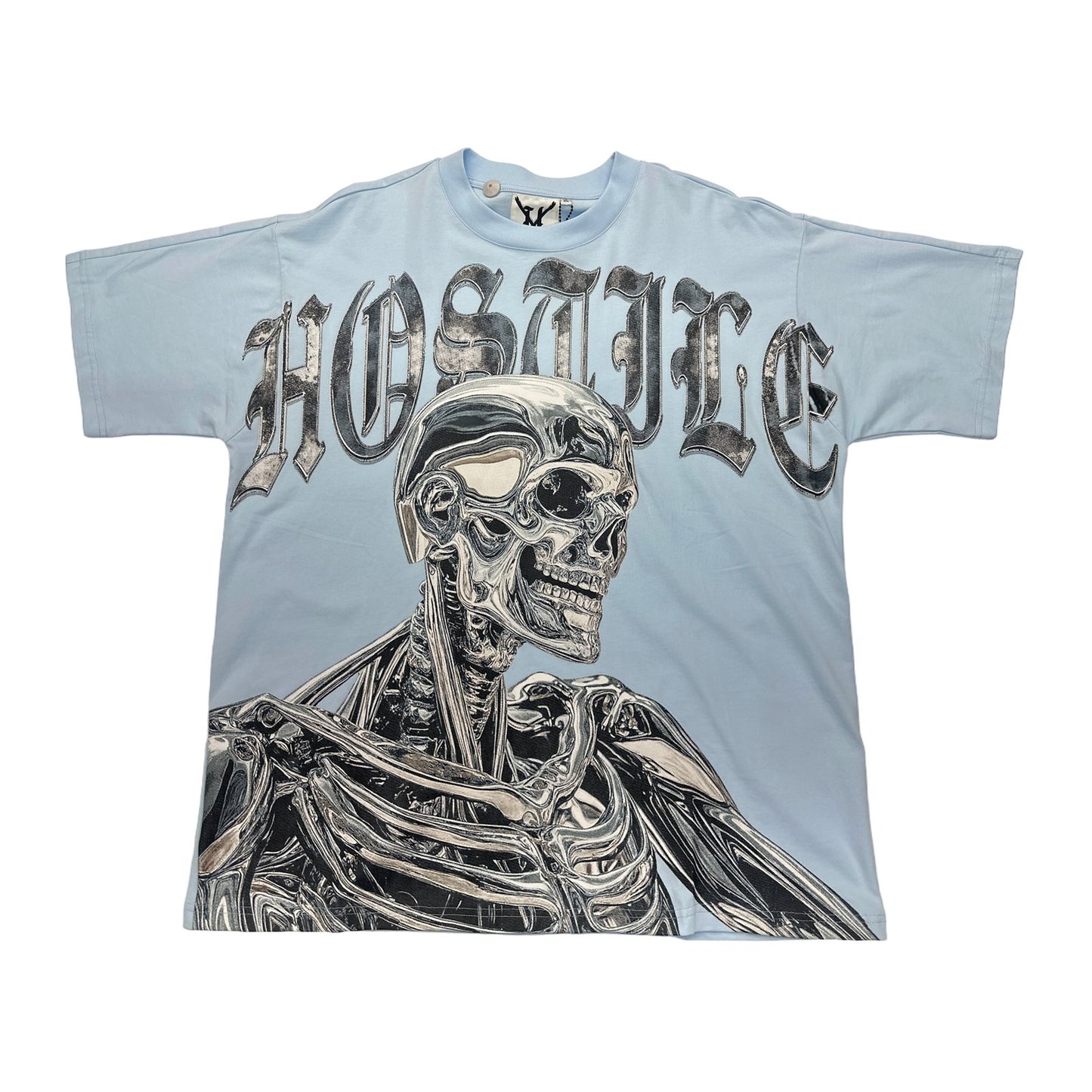 hostile robot skeleton tee sky blue