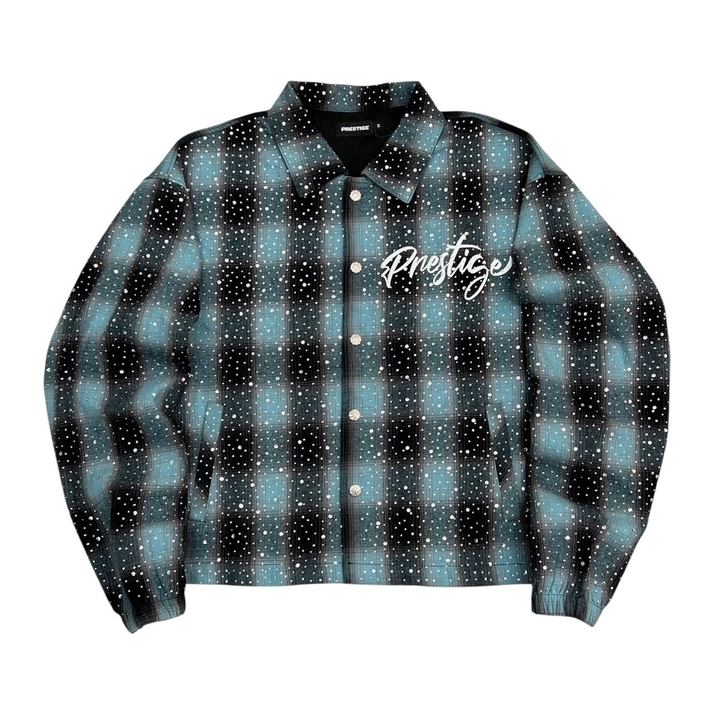 Prestige Rhinestone Shadow Plaid Flannel Shirt — Blue