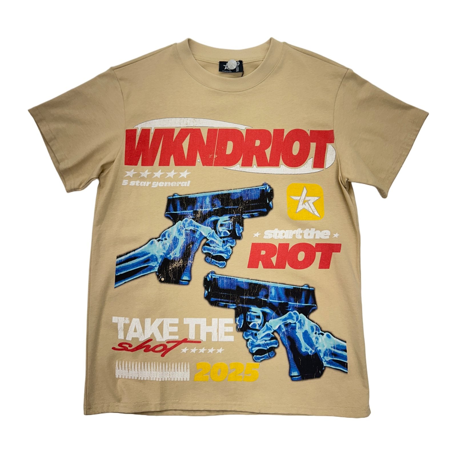 wknd riot dual blue pistols tee tan