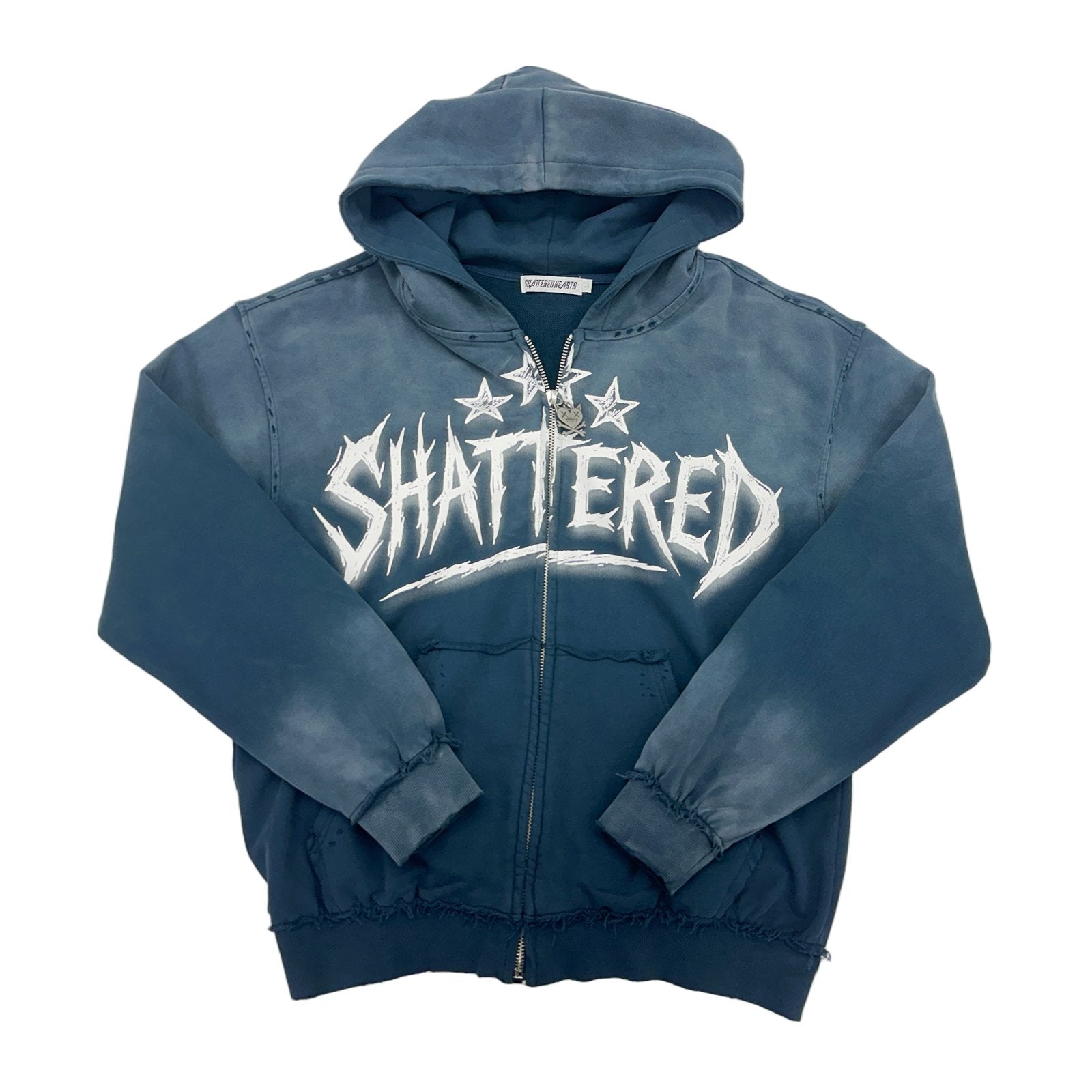 shattered hearts blue wash zip up hoodie