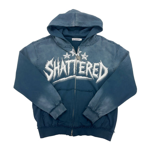 shattered hearts blue wash zip up hoodie
