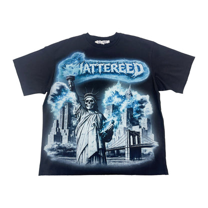 shattered hearts blue statue of liberty tee black