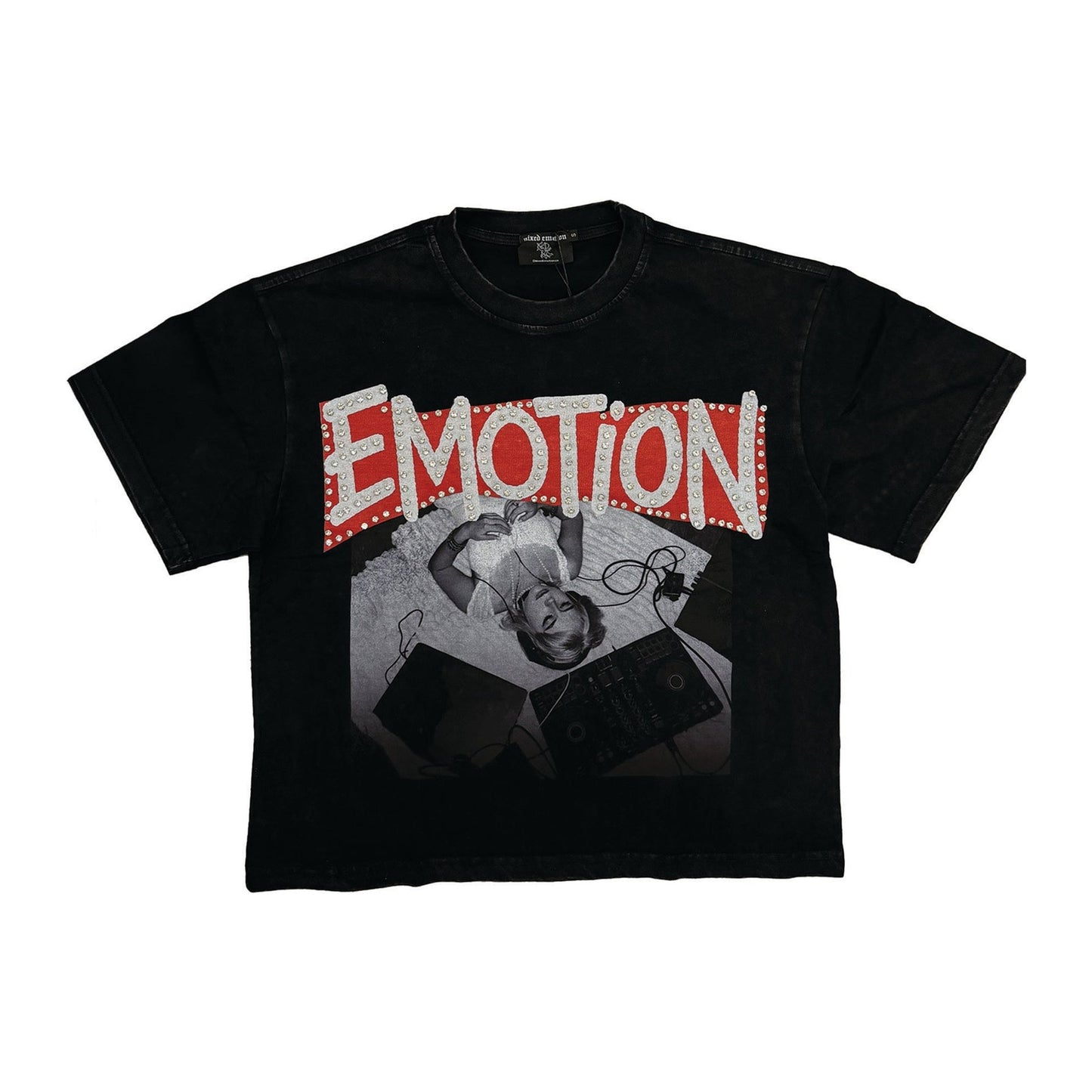 Mixed Emotion "Emotions Never Die" Rhinestone Tee — Black