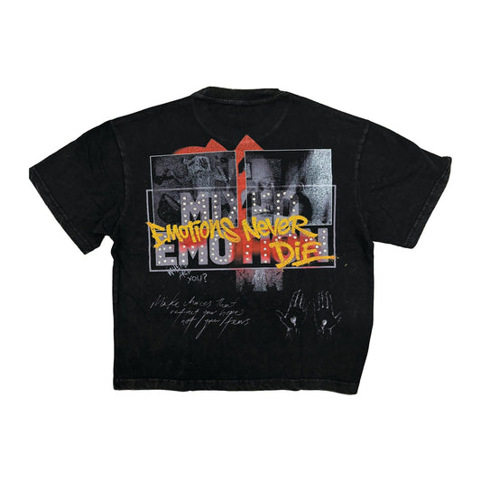 Mixed Emotion "Emotions Never Die" Rhinestone Tee — Black