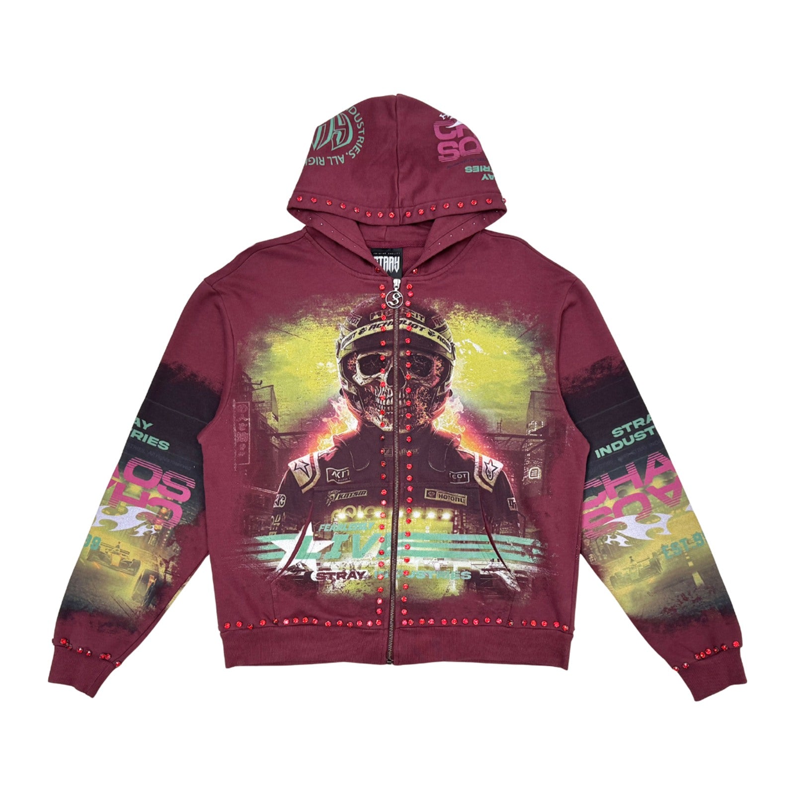 Stray "Chaos" Rhinestone Zip Hoodie — Maroon