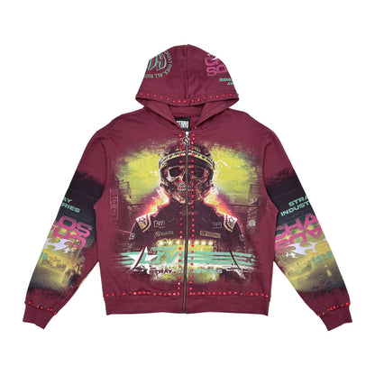 Stray "Chaos" Rhinestone Zip Hoodie — Maroon