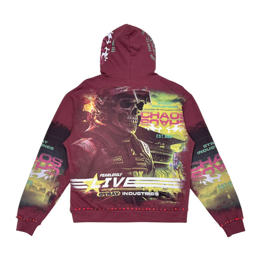 Stray "Chaos" Rhinestone Zip Hoodie — Maroon — back