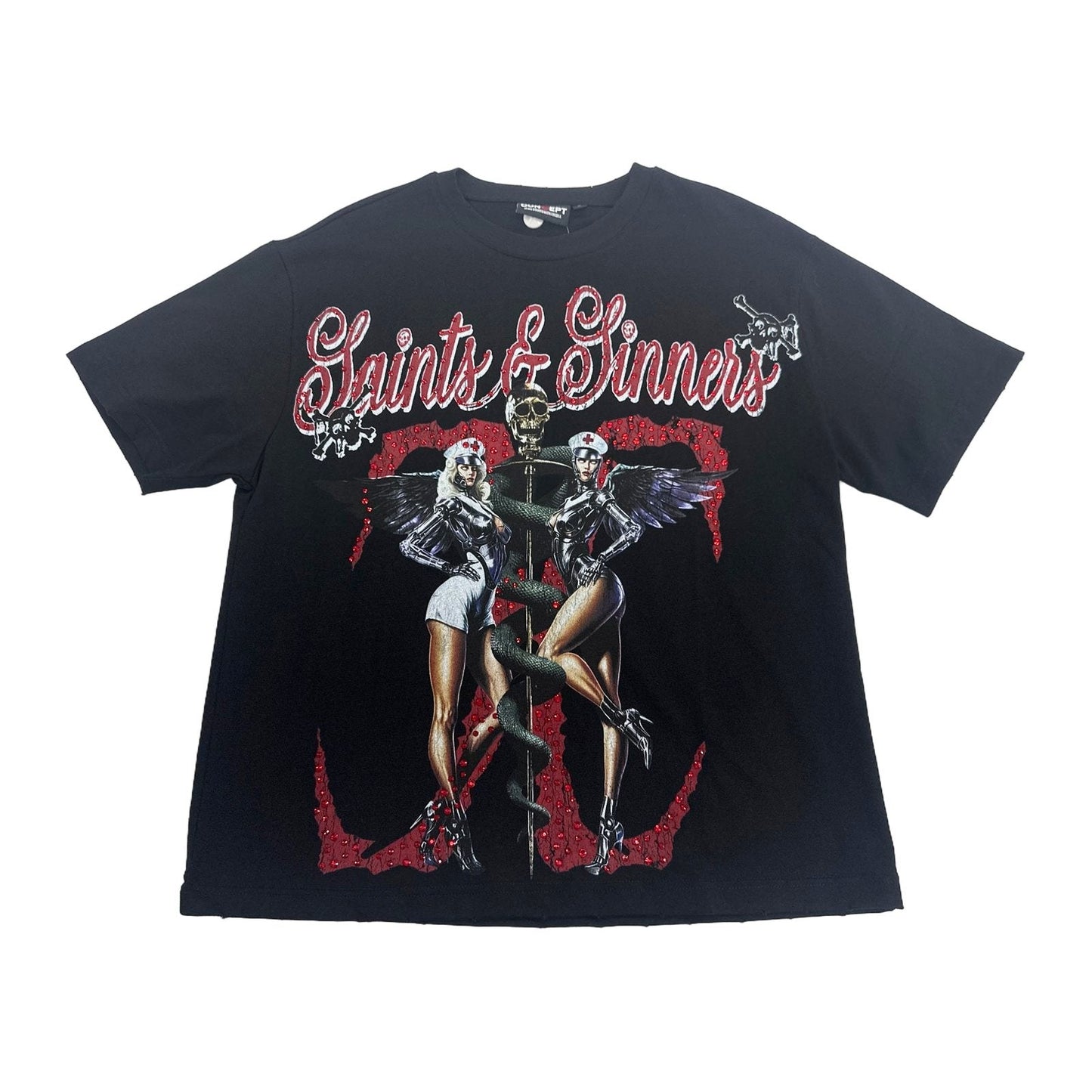 Concept LA "Saints & Sinners" Rhinestone Tee — Black