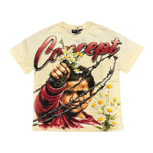 Concept LA "Flowers" Distressed Tee - Cream