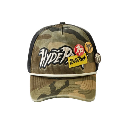 Hyde Park Ash Fault camo denim cap with enamel pins, front