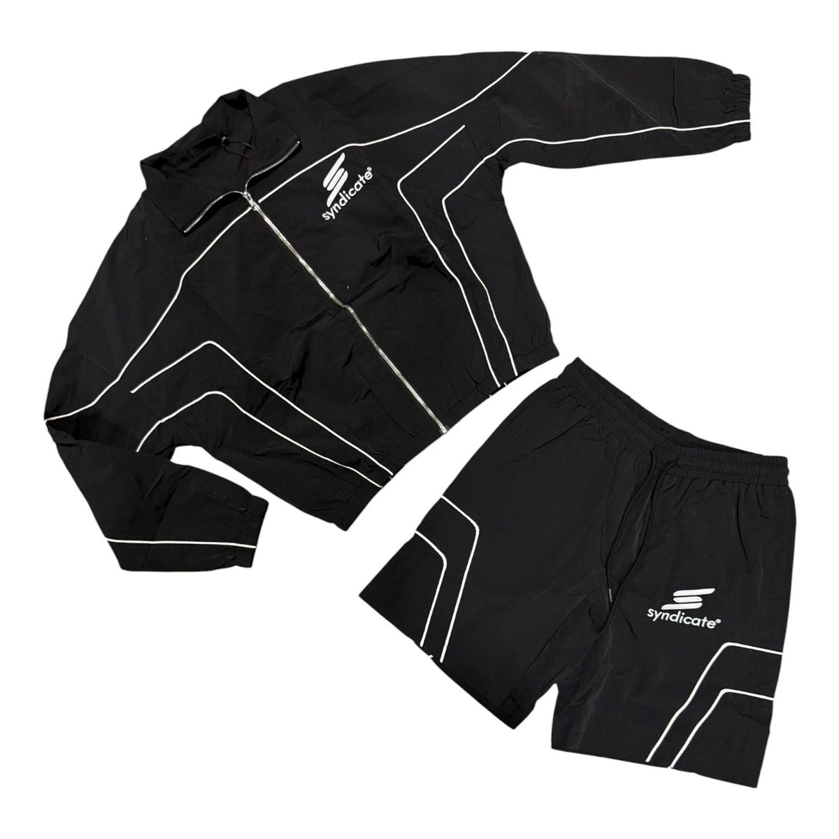 Syndicate Nylon 2 nylon track jacket and short set, black with white piping, front