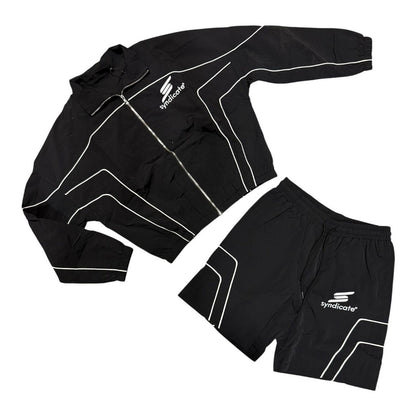 Syndicate Nylon 2 nylon track jacket and short set, black with white piping, front