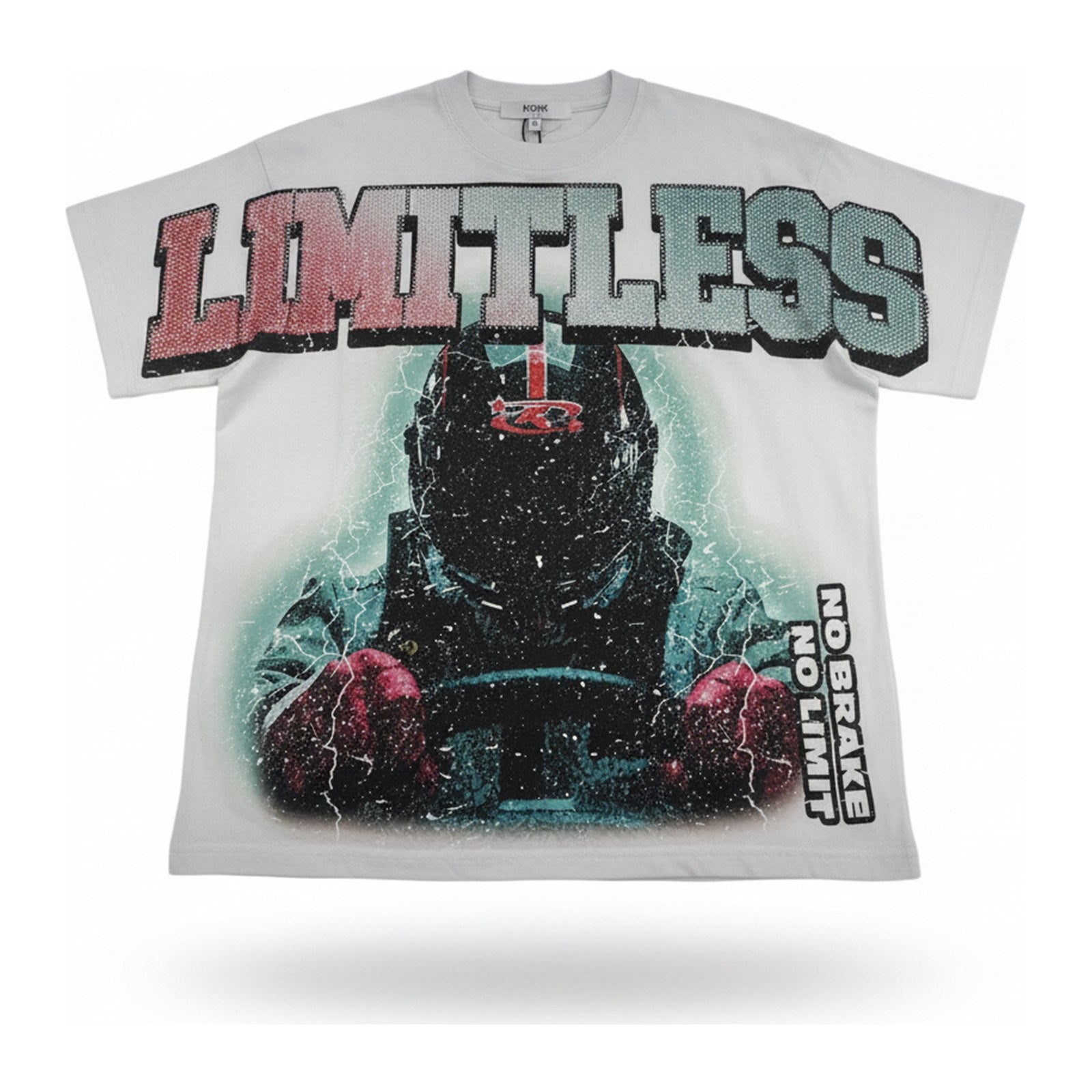 KDNK "Limitless" Rhinestone Moto Tee — White - ghost mannequin