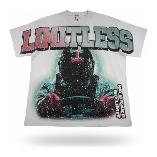 KDNK "Limitless" Rhinestone Moto Tee — White - ghost mannequin
