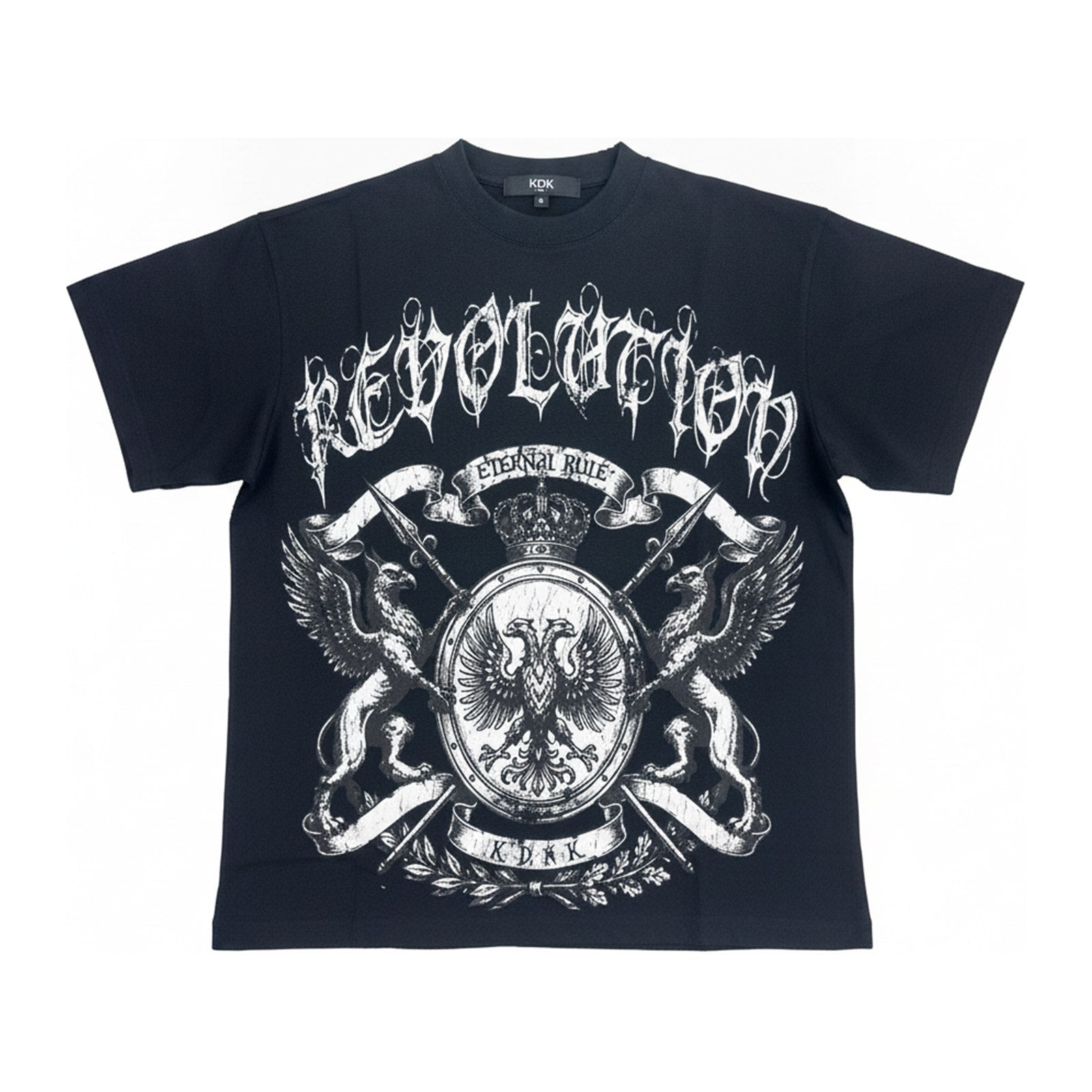 KDNK "Revolution" Crest Tee — Black - ghost mannequin