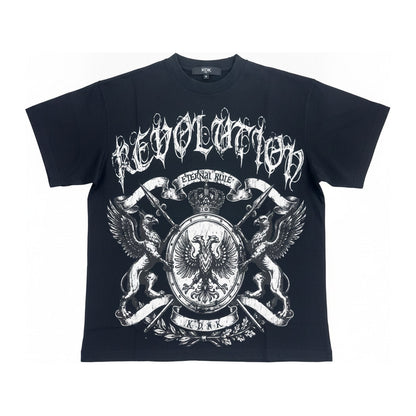 KDNK "Revolution" Crest Tee — Black - ghost mannequin