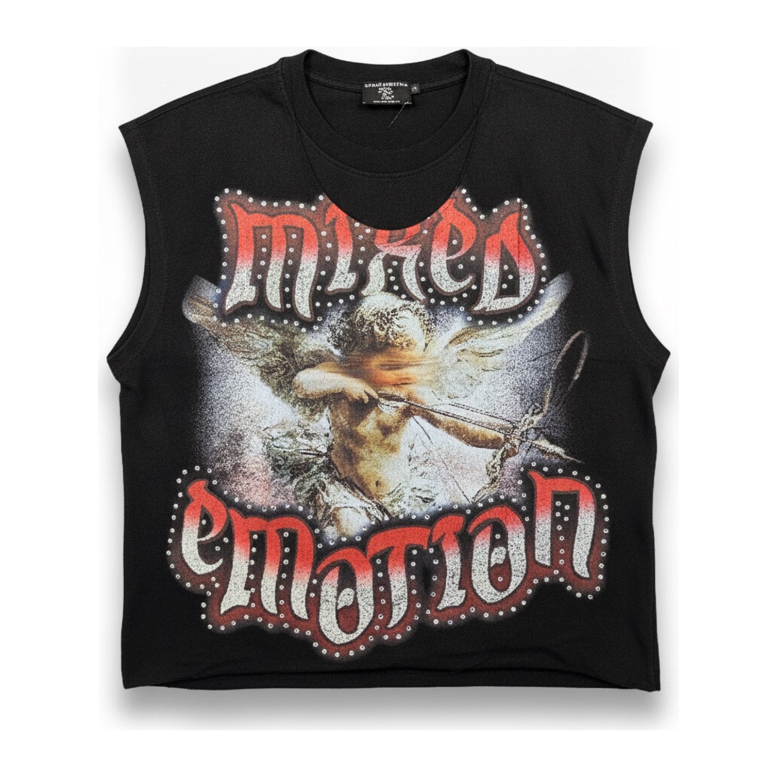 Mixed Emotion "Baby Angel" Rhinestone Cut-Off Tee — Black - ghost mannequin
