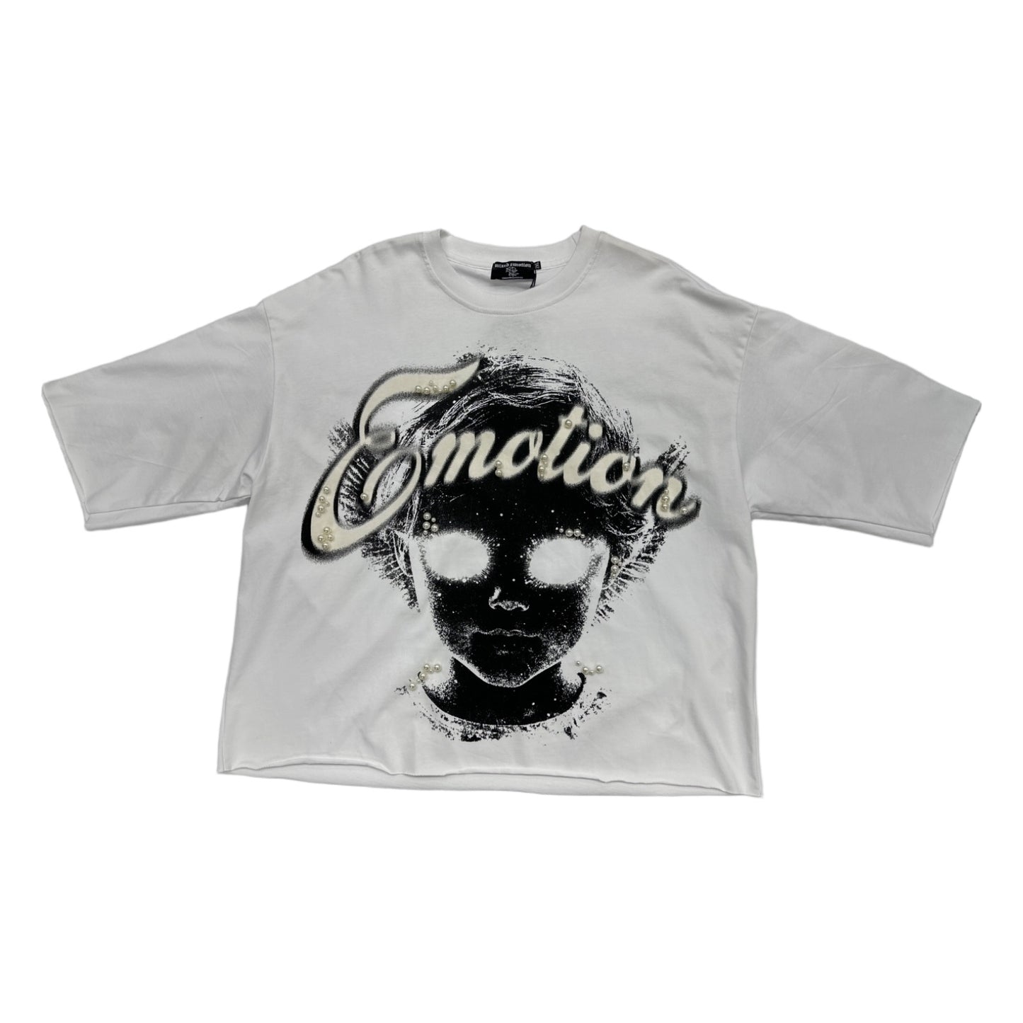 mixed emotion girl pearls white tee