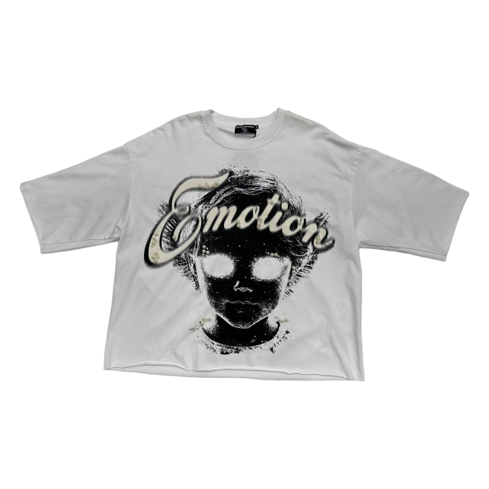 mixed emotion girl pearls white tee