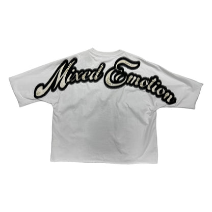 mixed emotion girl pearls white tee