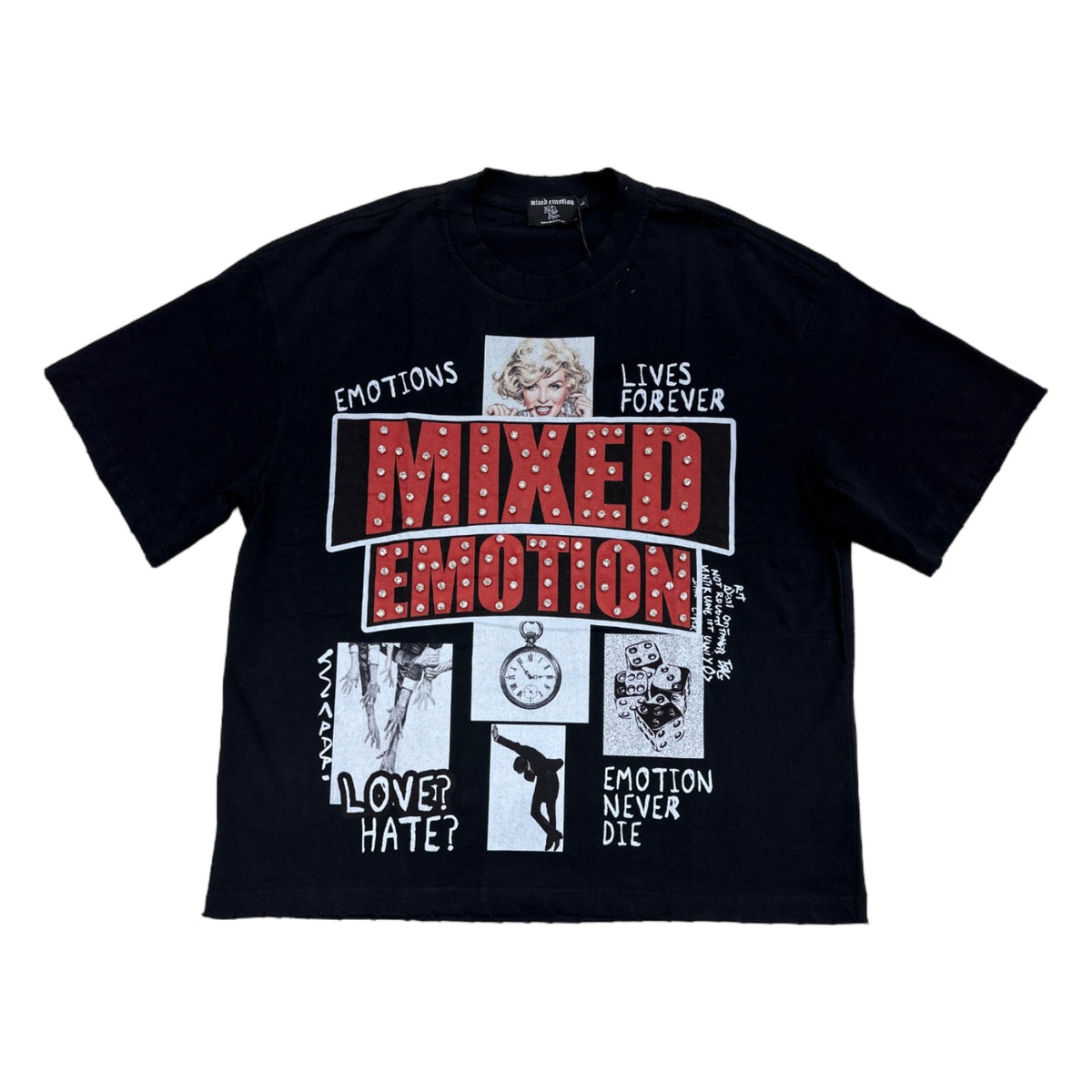 mixed emotion jeweled box logo tee black