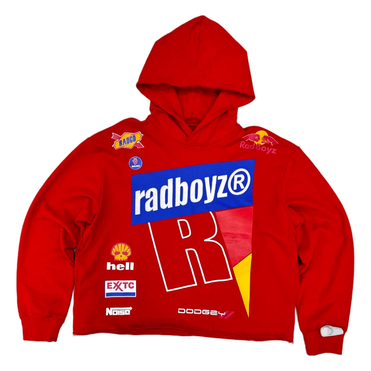 Rad Boyz red racing hoodie with motorsport sponsor graphics