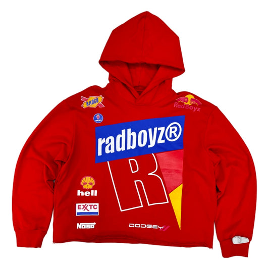 Rad Boyz red racing hoodie with motorsport sponsor graphics